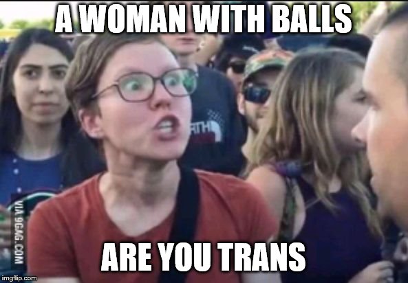 Femenist stereotype | A WOMAN WITH BALLS ARE YOU TRANS | image tagged in femenist stereotype | made w/ Imgflip meme maker