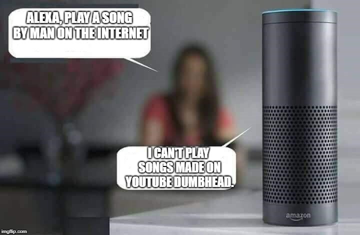 I wish she did though. | ALEXA, PLAY A SONG BY MAN ON THE INTERNET; I CAN'T PLAY SONGS MADE ON YOUTUBE DUMBHEAD. | image tagged in alexa do x | made w/ Imgflip meme maker