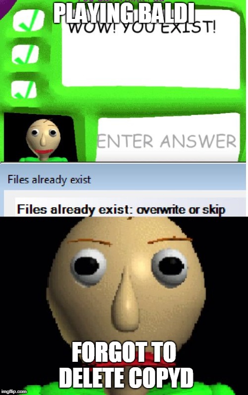 Baldi's file | PLAYING BALDI; FORGOT TO DELETE COPYD | image tagged in baldi's file | made w/ Imgflip meme maker