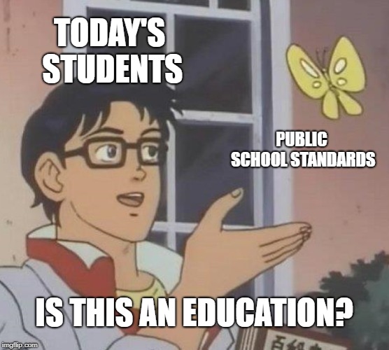 Is it, though? | TODAY'S STUDENTS; PUBLIC SCHOOL STANDARDS; IS THIS AN EDUCATION? | image tagged in memes,is this a pigeon,political meme,education,public school | made w/ Imgflip meme maker