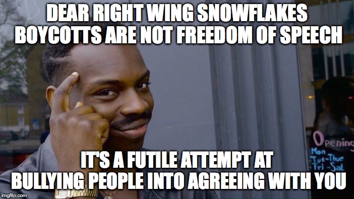 Roll Safe Think About It Meme | DEAR RIGHT WING SNOWFLAKES BOYCOTTS ARE NOT FREEDOM OF SPEECH; IT'S A FUTILE ATTEMPT AT BULLYING PEOPLE INTO AGREEING WITH YOU | image tagged in memes,roll safe think about it | made w/ Imgflip meme maker