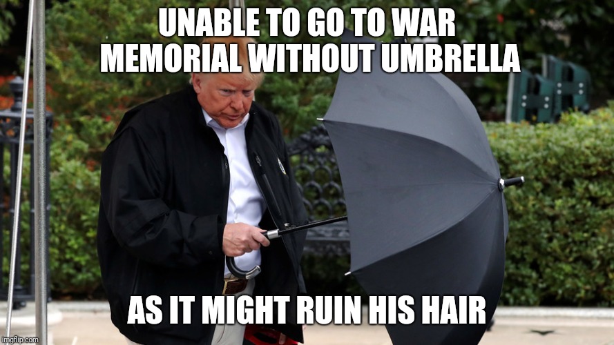 He'll be there once he can work out how to use an umbrella | UNABLE TO GO TO WAR MEMORIAL WITHOUT UMBRELLA; AS IT MIGHT RUIN HIS HAIR | image tagged in trumprella,donald trump,rain | made w/ Imgflip meme maker