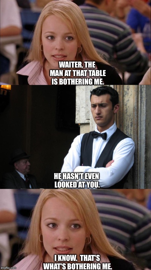 That's what's bothering me. | WAITER, THE MAN AT THAT TABLE IS BOTHERING ME. HE HASN'T EVEN LOOKED AT YOU. I KNOW.  THAT'S WHAT'S BOTHERING ME. | image tagged in vain girl and waiter | made w/ Imgflip meme maker