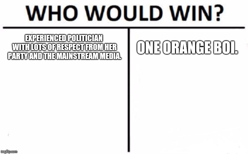 Who Would Win? Meme | EXPERIENCED POLITICIAN WITH LOTS OF RESPECT FROM HER PARTY AND THE MAINSTREAM MEDIA. ONE ORANGE BOI. | image tagged in memes,who would win | made w/ Imgflip meme maker