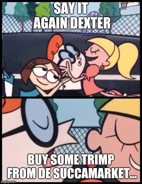 Say it Again, Dexter | SAY IT AGAIN DEXTER; BUY SOME TRIMP FROM DE SUCCAMARKET... | image tagged in say it again dexter | made w/ Imgflip meme maker