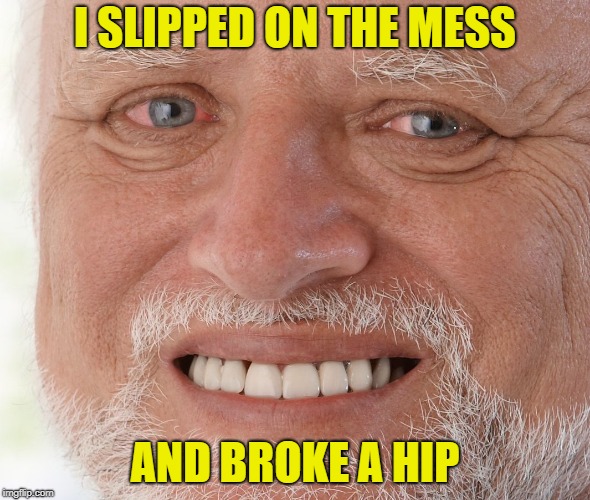 Hide the Pain Harold | I SLIPPED ON THE MESS AND BROKE A HIP | image tagged in hide the pain harold | made w/ Imgflip meme maker