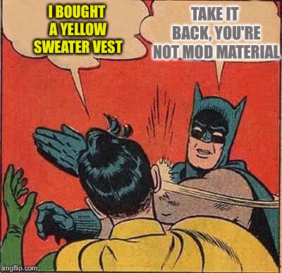 Batman Slapping Robin Meme | I BOUGHT A YELLOW SWEATER VEST TAKE IT BACK, YOU'RE NOT MOD MATERIAL | image tagged in memes,batman slapping robin | made w/ Imgflip meme maker