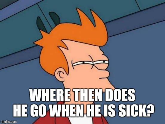 Futurama Fry Meme | WHERE THEN DOES HE GO WHEN HE IS SICK? | image tagged in memes,futurama fry | made w/ Imgflip meme maker