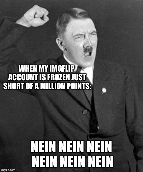 Sucks to be him. |  WHEN MY IMGFLIP ACCOUNT IS FROZEN JUST SHORT OF A MILLION POINTS:; NEIN NEIN NEIN NEIN NEIN NEIN | image tagged in angry hitler,imgflip,points,memes,funny | made w/ Imgflip meme maker