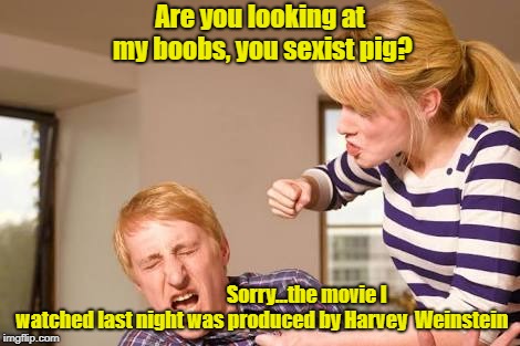 A Hardly Weinstein Production | Are you looking at my boobs, you sexist pig? Sorry...the movie I watched last night was produced by Harvey  Weinstein | image tagged in angry woman,memes,harvey weinstein,feminism off the rails | made w/ Imgflip meme maker