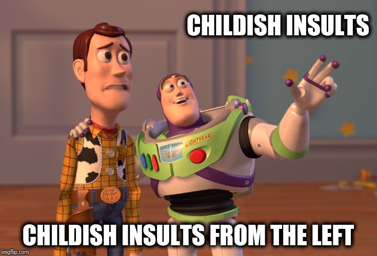 X, X Everywhere Meme | CHILDISH INSULTS CHILDISH INSULTS FROM THE LEFT | image tagged in memes,x x everywhere | made w/ Imgflip meme maker