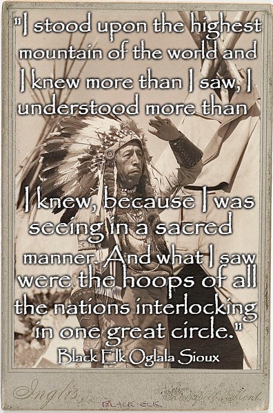 Black Elk's Wisdom | "I stood upon the highest; mountain of the world and; I knew more than I saw, I; understood more than; I knew, because I was; seeing in a sacred; manner. And what I saw; were the hoops of all; the nations interlocking; in one great circle."; Black Elk Oglala Sioux | image tagged in native american,native americans,indians,indian chief,indian chiefs,tribe | made w/ Imgflip meme maker