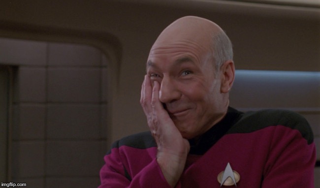 Laughing Picard  | . | image tagged in picard laugh,picard,picard laughing,stupid joke picard | made w/ Imgflip meme maker