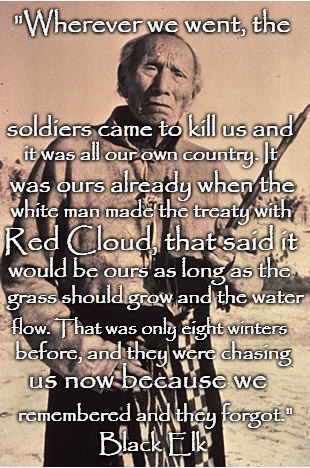 Black Elk | "Wherever we went, the; soldiers came to kill us and; it was all our own country. It; was ours already when the; white man made the treaty with; Red Cloud, that said it; would be ours as long as the; grass should grow and the water; flow. That was only eight winters; before, and they were chasing; us now because we; remembered and they forgot."; Black Elk | image tagged in native american,native americans,indians,indian chief,indian chiefs,tribe | made w/ Imgflip meme maker
