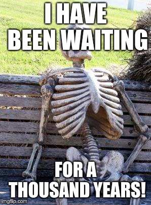 Waiting Skeleton | I HAVE BEEN WAITING; FOR A THOUSAND YEARS! | image tagged in memes,waiting skeleton | made w/ Imgflip meme maker