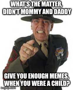 marine drill | WHAT’S THE MATTER, DIDN’T MOMMY AND DADDY; GIVE YOU ENOUGH MEMES, WHEN YOU WERE A CHILD? | image tagged in marine drill | made w/ Imgflip meme maker