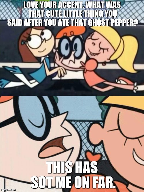 I Love Your Accent | LOVE YOUR ACCENT. WHAT WAS THAT CUTE LITTLE THING YOU SAID AFTER YOU ATE THAT GHOST PEPPER? THIS HAS SOT ME ON FAR. | image tagged in i love your accent | made w/ Imgflip meme maker