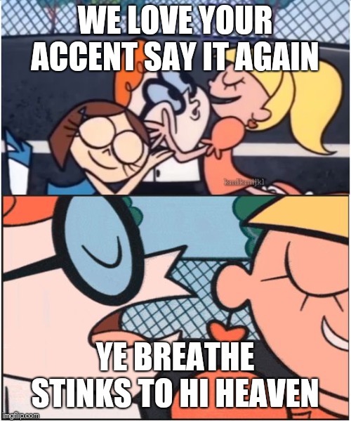 Dexters Lab | WE LOVE YOUR ACCENT SAY IT AGAIN; YE BREATHE STINKS TO HI HEAVEN | image tagged in dexters lab | made w/ Imgflip meme maker