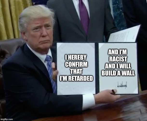 Trump Bill Signing Meme | I HEREBY CONFIRM THAT I’M RETARDED AND I’M RACIST AND I WILL BUILD A WALL | image tagged in memes,trump bill signing | made w/ Imgflip meme maker