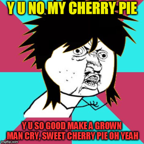 Y U No Music 80s Mullet | Y U NO MY CHERRY PIE Y U SO GOOD MAKE A GROWN MAN CRY,
SWEET CHERRY PIE OH YEAH | image tagged in y u no music 80s mullet | made w/ Imgflip meme maker