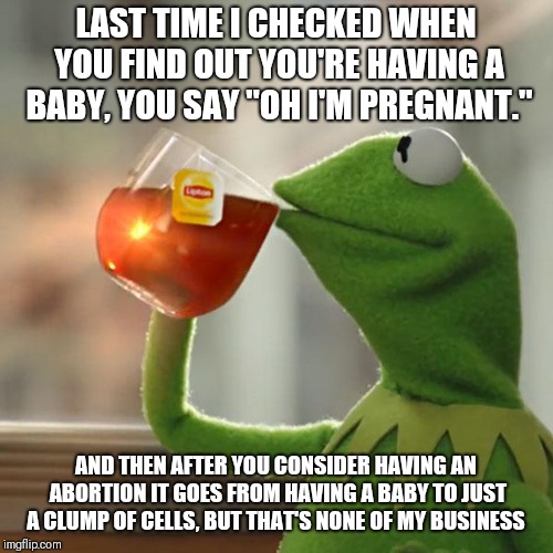 But That's None Of My Business | LAST TIME I CHECKED WHEN YOU FIND OUT YOU'RE HAVING A BABY, YOU SAY "OH I'M PREGNANT."; AND THEN AFTER YOU CONSIDER HAVING AN ABORTION IT GOES FROM HAVING A BABY TO JUST A CLUMP OF CELLS, BUT THAT'S NONE OF MY BUSINESS | image tagged in memes,but thats none of my business,kermit the frog | made w/ Imgflip meme maker