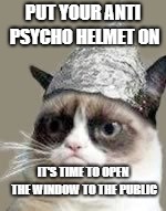 Paranoid Grumpy Cat | PUT YOUR ANTI PSYCHO HELMET ON; IT'S TIME TO OPEN THE WINDOW TO THE PUBLIC | image tagged in paranoid grumpy cat | made w/ Imgflip meme maker
