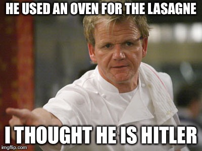 Gordon Ramsey | HE USED AN OVEN FOR THE LASAGNE; I THOUGHT HE IS HITLER | image tagged in gordon ramsey | made w/ Imgflip meme maker