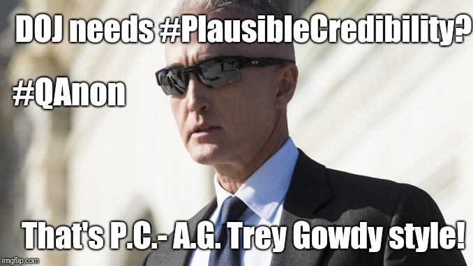 OJ needs #PlausibleCredibility?  That's P.C.- A.G. Trey Gowdy style! .. 'till then, it's Matt Whitaker... Hammer Time!  | DOJ needs #PlausibleCredibility? #QAnon; That's P.C.- A.G. Trey Gowdy style! | image tagged in deep state,hammer time,trey gowdy,doj,drain the swamp,guantanamo | made w/ Imgflip meme maker