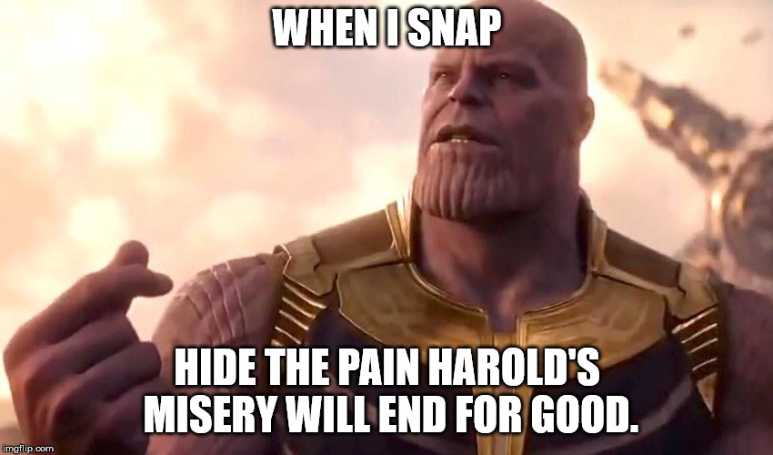 thanos snap | WHEN I SNAP; HIDE THE PAIN HAROLD'S MISERY WILL END FOR GOOD. | image tagged in thanos snap,memes,hide the pain harold | made w/ Imgflip meme maker
