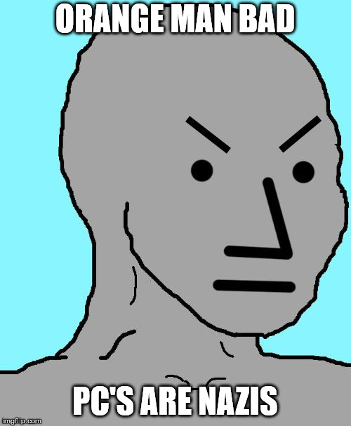 NPC meme angry | ORANGE MAN BAD PC'S ARE NAZIS | image tagged in npc meme angry | made w/ Imgflip meme maker