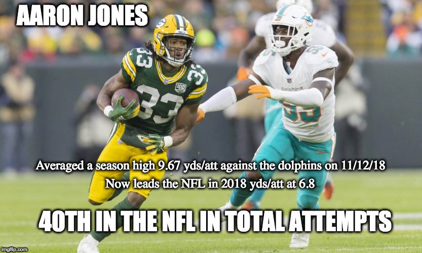 AARON JONES; Averaged a season high 9.67 yds/att against the dolphins on 11/12/18; Now leads the NFL in 2018 yds/att at 6.8; 40TH IN THE NFL IN TOTAL ATTEMPTS | image tagged in GreenBayPackers | made w/ Imgflip meme maker