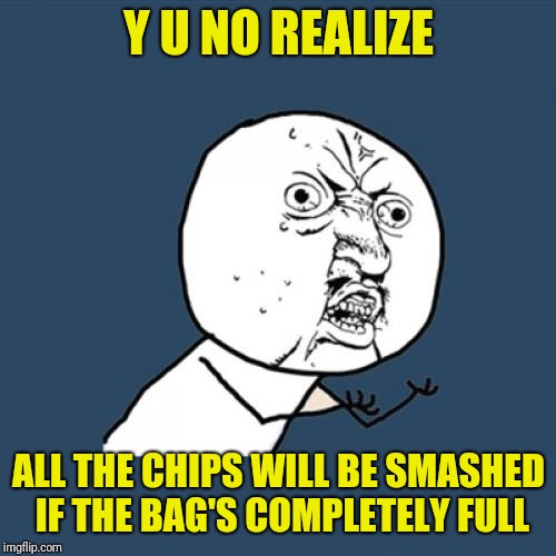 Y U No Meme | Y U NO REALIZE ALL THE CHIPS WILL BE SMASHED IF THE BAG'S COMPLETELY FULL | image tagged in memes,y u no | made w/ Imgflip meme maker