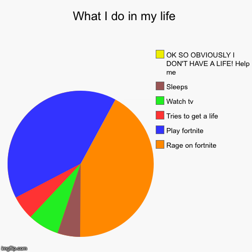 What I do in my life | Rage on fortnite, Play fortnite, Tries to get a life, Watch tv, Sleeps, OK SO OBVIOUSLY I DON'T HAVE A LIFE! Help me | image tagged in funny,pie charts,fortnite,no life,rage,please help me | made w/ Imgflip chart maker