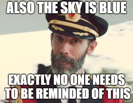 Captain Obvious | ALSO THE SKY IS BLUE EXACTLY NO ONE NEEDS TO BE REMINDED OF THIS | image tagged in captain obvious | made w/ Imgflip meme maker