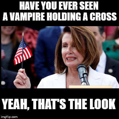 HAVE YOU EVER SEEN A VAMPIRE HOLDING A CROSS; YEAH, THAT'S THE LOOK | image tagged in pelosi,flag | made w/ Imgflip meme maker