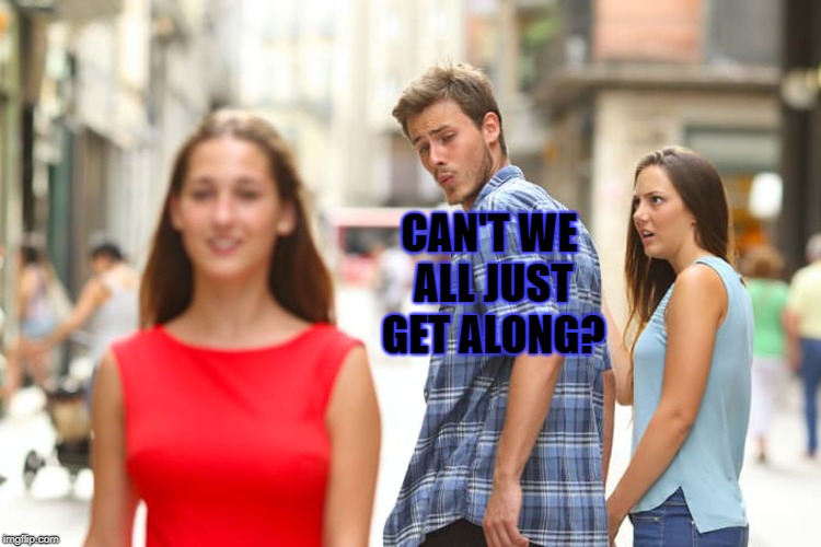 Distracted Boyfriend | CAN'T WE ALL JUST GET ALONG? | image tagged in memes,distracted boyfriend | made w/ Imgflip meme maker