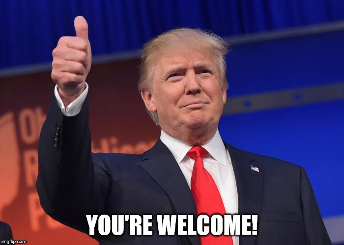 donald trump | YOU'RE WELCOME! | image tagged in donald trump | made w/ Imgflip meme maker