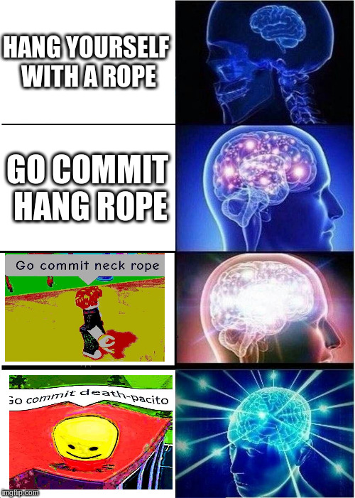 Expanding Brain | HANG YOURSELF WITH A ROPE; GO COMMIT HANG ROPE | image tagged in memes,expanding brain | made w/ Imgflip meme maker