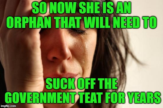 First World Problems Meme | SO NOW SHE IS AN ORPHAN THAT WILL NEED TO SUCK OFF THE GOVERNMENT TEAT FOR YEARS | image tagged in memes,first world problems | made w/ Imgflip meme maker