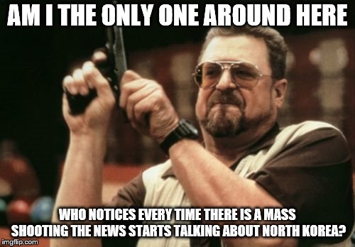Am I The Only One Around Here Meme | AM I THE ONLY ONE AROUND HERE; WHO NOTICES EVERY TIME THERE IS A MASS SHOOTING THE NEWS STARTS TALKING ABOUT NORTH KOREA? | image tagged in memes,am i the only one around here,funny,politics | made w/ Imgflip meme maker