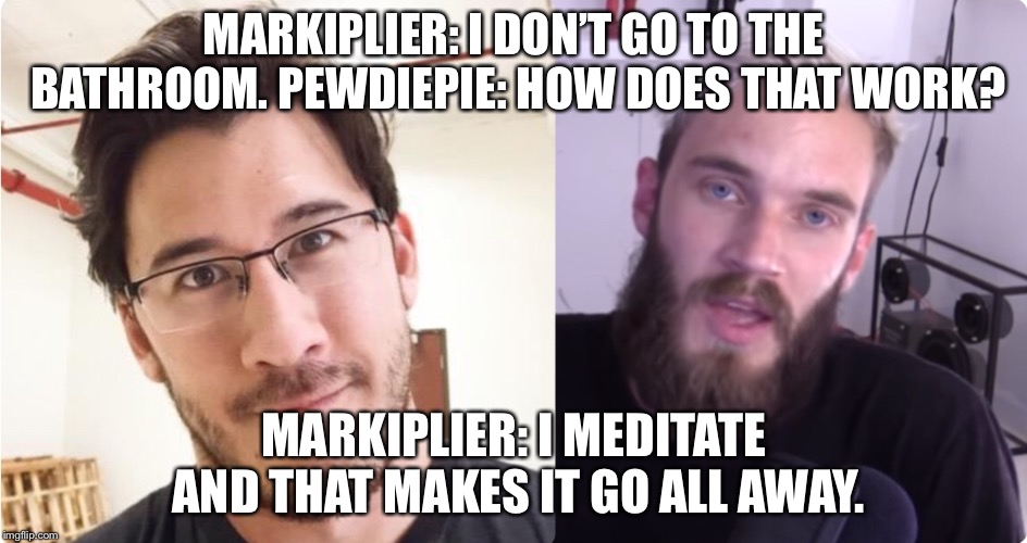 #youtubersareweird | MARKIPLIER: I DON’T GO TO THE BATHROOM. PEWDIEPIE: HOW DOES THAT WORK? MARKIPLIER: I MEDITATE AND THAT MAKES IT GO ALL AWAY. | image tagged in markiplier,pewdiepie | made w/ Imgflip meme maker