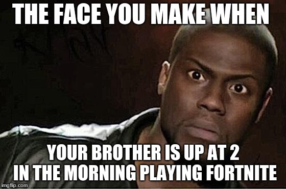 Kevin Hart Meme | THE FACE YOU MAKE WHEN; YOUR BROTHER IS UP AT 2 IN THE MORNING PLAYING FORTNITE | image tagged in memes,kevin hart | made w/ Imgflip meme maker