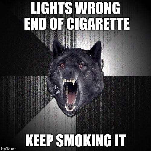 Insanity Wolf Meme | LIGHTS WRONG END OF CIGARETTE; KEEP SMOKING IT | image tagged in memes,insanity wolf | made w/ Imgflip meme maker