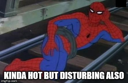 Sexy Railroad Spiderman Meme | KINDA HOT BUT DISTURBING ALSO | image tagged in memes,sexy railroad spiderman,spiderman | made w/ Imgflip meme maker