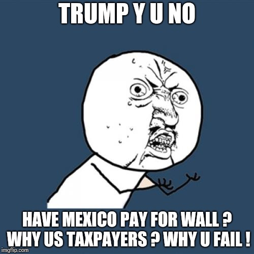 Y U No | TRUMP Y U NO; HAVE MEXICO PAY FOR WALL ? WHY US TAXPAYERS ? WHY U FAIL ! | image tagged in memes,y u no | made w/ Imgflip meme maker