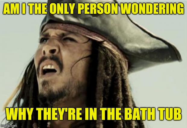 confused dafuq jack sparrow what | AM I THE ONLY PERSON WONDERING WHY THEY'RE IN THE BATH TUB | image tagged in confused dafuq jack sparrow what | made w/ Imgflip meme maker