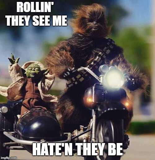 Master Yoda & Chewy. Not really a repost, but I did steal the picture? | ROLLIN' THEY SEE ME; HATE'N THEY BE | image tagged in yoda,chewy,star wars,hater gonna hate,rolling g | made w/ Imgflip meme maker