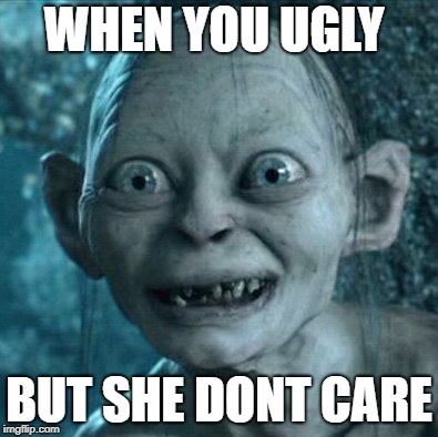 Gollum | WHEN YOU UGLY; BUT SHE DONT CARE | image tagged in memes,gollum | made w/ Imgflip meme maker