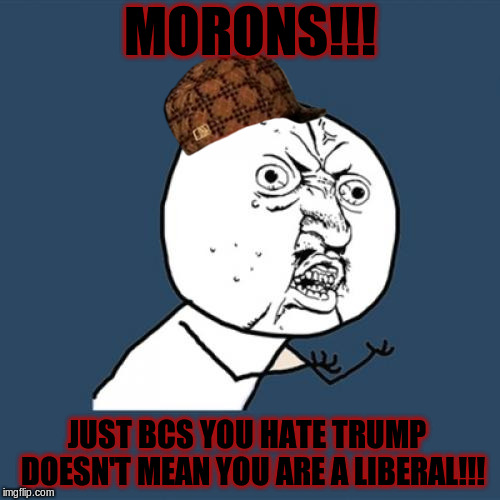 Y U No | MORONS!!! JUST BCS YOU HATE TRUMP  DOESN'T MEAN YOU ARE A LIBERAL!!! | image tagged in memes,y u no,scumbag | made w/ Imgflip meme maker