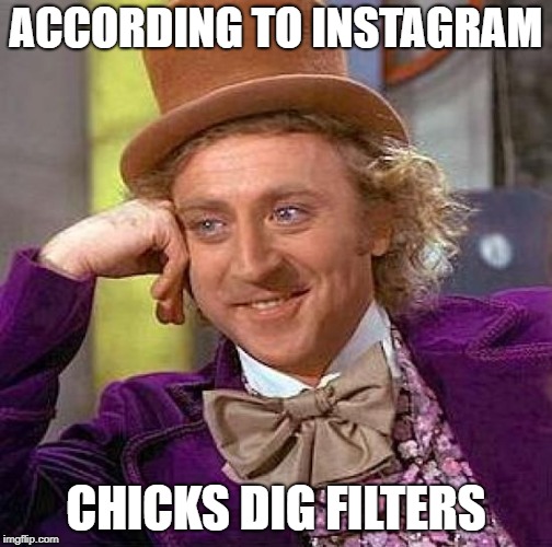 Creepy Condescending Wonka Meme | ACCORDING TO INSTAGRAM CHICKS DIG FILTERS | image tagged in memes,creepy condescending wonka | made w/ Imgflip meme maker